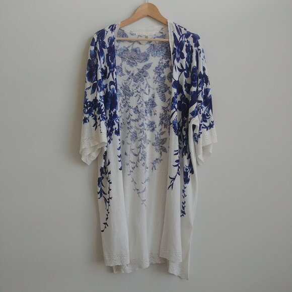 Knitted & Knotted linen cotton knit open front long cardigan white blue Medium - Picture 1 of 12